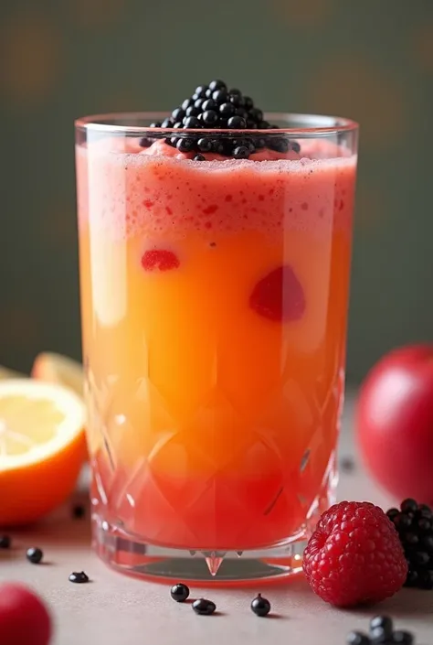 Create a glass image of a mixed fruit smoothie and top it with caviar.