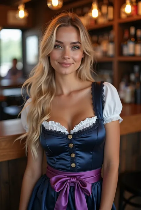 Realistic upper body portrait of a young German blonde aged 23 with long hair nTr, ponytail, smile. She poses in front of the camera in a short, shoulder-free, dark blue and purple A-line satin dirndl with a lace apron made of metallic purple satin and pur...