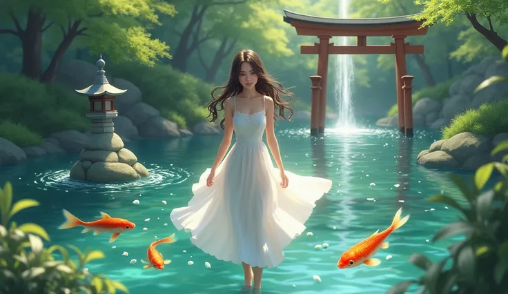 (best quality,4k,8k,highres,masterpiece:1.2),ultra-detailed,realistic,
wearing a white dress fluttering in the wind lookingattheviewer,mysterious eyes,beautiful detailed lips,calm expression,1girl, Japanese shrine,peaceful atmosphere,serene water,sparkling...