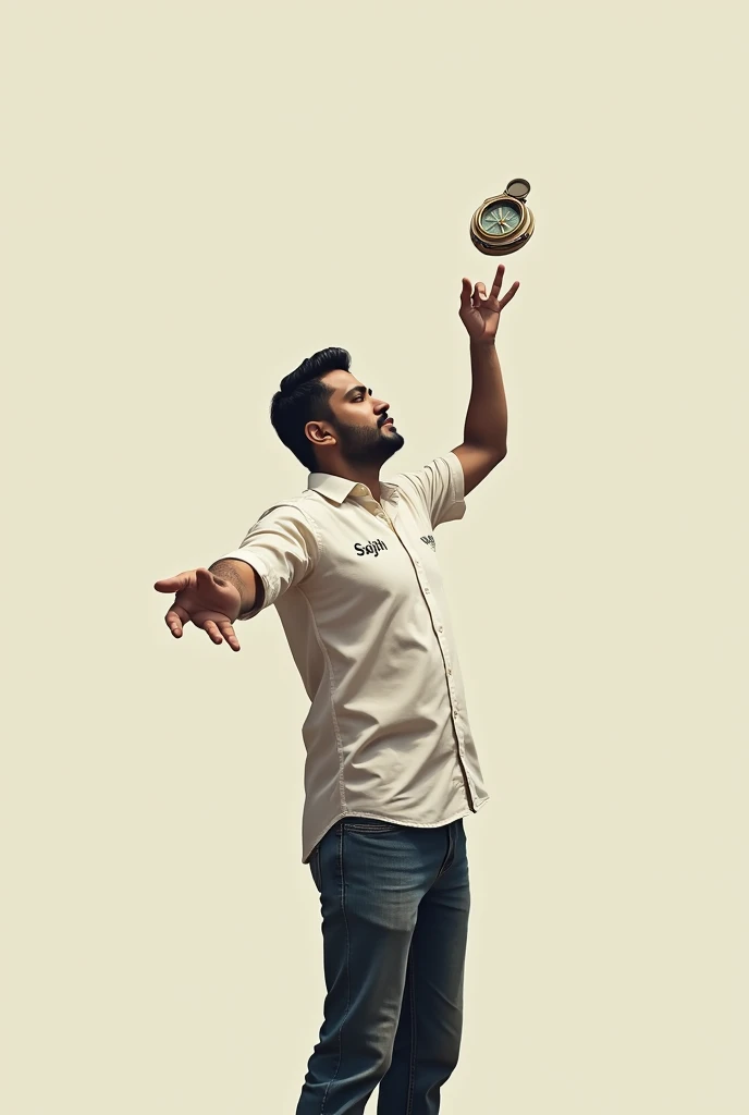 A man wearing a SAJITH named half sleeve white shirt and throwing a compass 