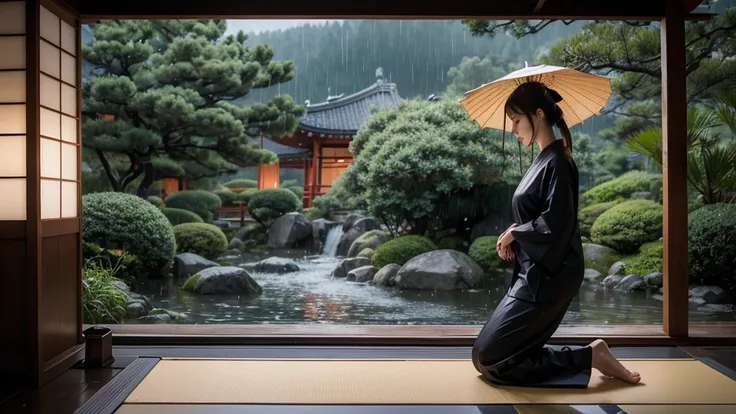 Landscape format, photorealistic, Rainy night in a serene ancient temple, beautiful Japanese woman meditating on left side of image, silhouette, side profile, kneeling posture, kneeling on a mat, wearing traditional Japanese rain hat, night-time, very dark...