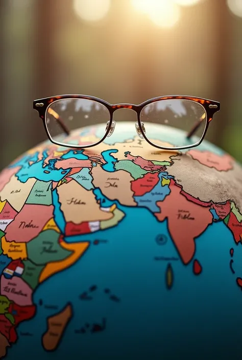 Create an image based on the following visual: Unity Beyond Borders
Visual: A globe with Gandhi’s iconic glasses placed over it, showing different flags of the EU countries coming together.
