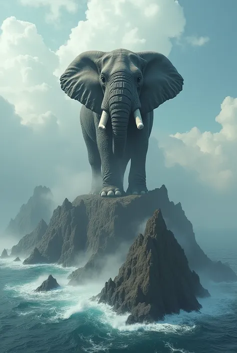 portraits, epic scenes, very high quality photos, several islands with steep cliffs in the middle of the sea, a giant elephant thousands of years old, high above the clouds, full body, realistic visual effects, cool and complicated, looks real and complica...