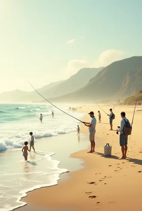 People are fishing on the beach 