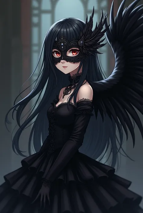 Anime girl with black hair, with feathered masquerade mask. In a black  victorian dress with bustle. Has one solo wing. One wing only. 