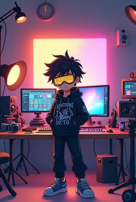 A Anime Cartoon Boy Wearing Yellow Googles, Black pant, Black printed hoodie, Front Studio Table, Full Studio Setup , size 1280 and 720 , front side a table 