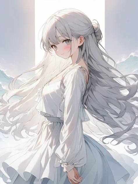 (pale white-silver hair), (flowing straight hair), shoulder-length hair, half updo, delicate waves, soft round face, porcelain skin, (large gentle gray eyes), deep gaze, soft reserved smile, (slender figure), white blouse, pastel tones, light fabric, subtl...