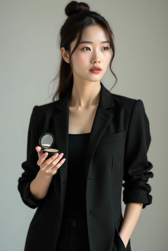 The photo shows a fair-skinned Korean woman posing confidently in an all-black outfit that looks chic. She wears a fitted black blazer with rolled-up sleeves, paired with matching black trousers and a plain black top underneath. Her dressing style is sharp...