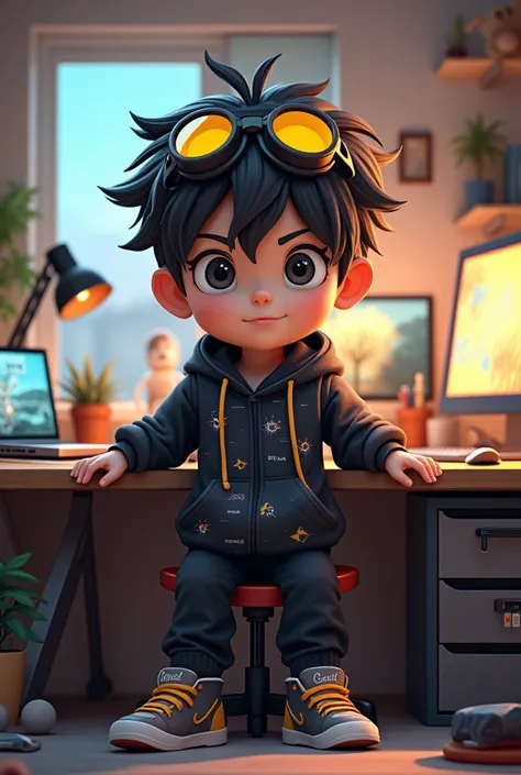 A Anime Cartoon Boy Wearing Yellow Googles, Black pant, Black printed hoodie, Front Studio Table, Full Studio Setup , size 1280 and 720 , front table character sitting on chair