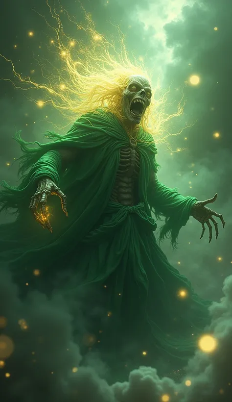 In a style that merges real photo , a fearsome character draped in vibrant green bursts forth from a swirling cloud of mist, its face twisted in a primal scream of rage. The foreground captures the intricate, flowing folds of its garment, which seamlessly ...