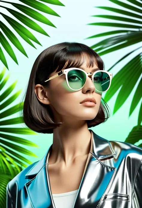 a stylish, confident young woman with a french bob haircut and trendy glasses, background: a serene tropical beach with lush gre...