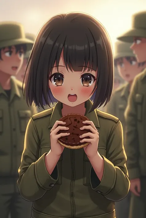 A private with a bob cut eating a Choco Pie given to him by the military, unable to hold back tears, eating it in a hurry and enjoying it