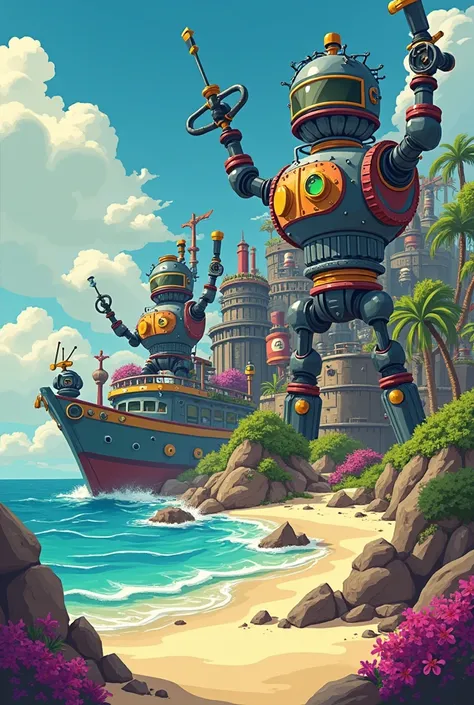 Robot pirate island 90s cartoon style