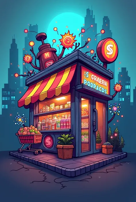 Make me a logo or profile with size 1 : 1 for my discord group, which contains market elements, shop, vending machines and growtopia with urban background, 