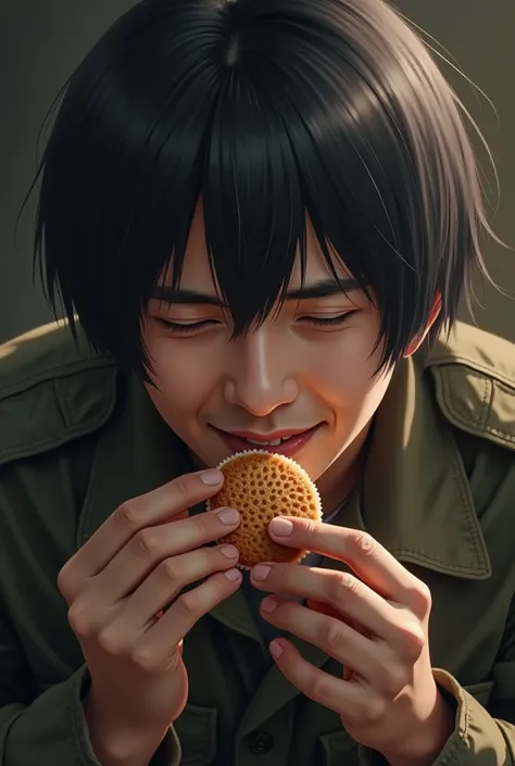 A man with a bob cut eating a Choco Pie given to him by the military, and he is unable to hold back his tears as he eats it with gusto