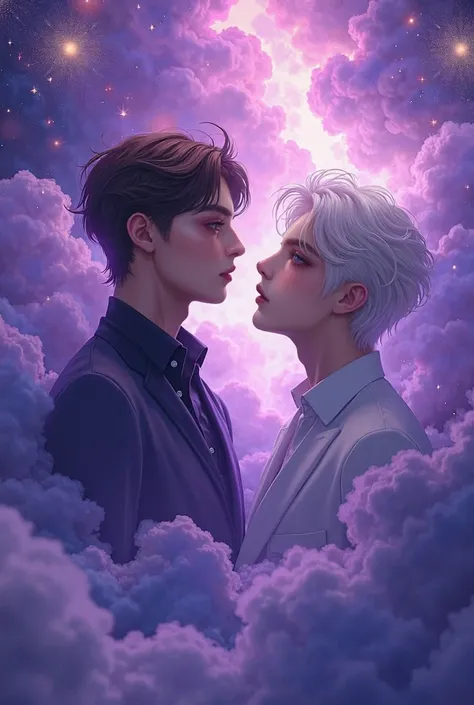 handsome two guys in a purple galaxy cloud. asian faces, idol face, brown hair and white hait, perfect composition, brust,