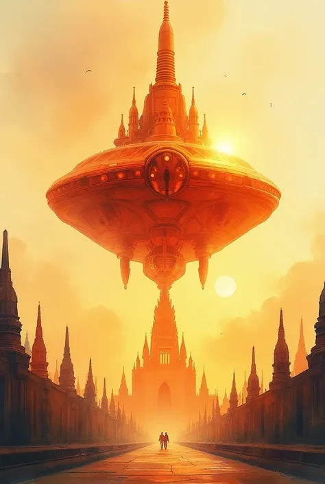 ossttn,  surreal watercolor painting depicting a majestic, a large orange spaceship hovers over above the serene landscape of (Wat Arun:1.2), the spaceship has a futuristic, sleek design with large, glowing windows, bathed in the soft golden light of dawn....