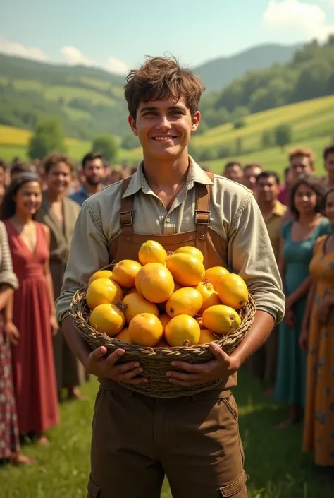 ((best quality)), ((masterpiece)), (detailed), a young adult farmer, Farmer holding the gold fruits, people surrounding the farmer, rally