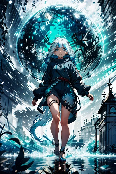 best quality, intricate details,, best quality, intricate details,
1girl, white hair,  blue eyes, sharp eyes,messy hair, blue highlights, sharp teeth,multicolored_hair,long hair,
virtual_youtuber, gawr_gura, gawr gura,
 shark teeth design, bare legs, shark...