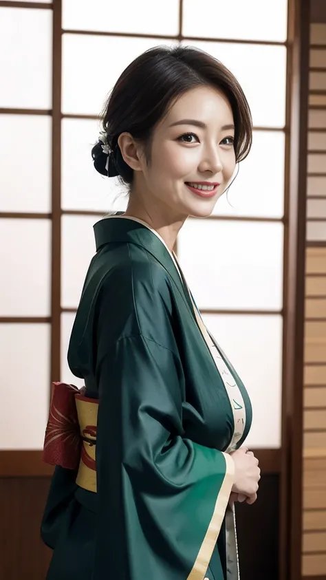 Mature attractive sexy woman,50 years old, ((kimono)),((green))、(((kimono))),Shut,((Big Breasts:1.1)),(Facial wrinkles:1.3),light makeup,Light brown hair,Long Hair,(Full body photo:0.85),(Emphasize big buttocks),8k, RAW Photos, Highest quality, Laughter,ma...