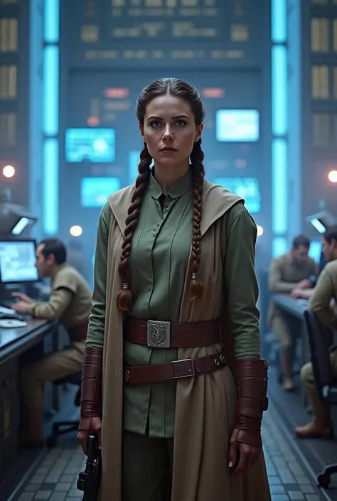 Leia, wearing military gear, stands confidently amidst a rebel command center filled with flashing monitors and buzzing activity. Her hair is pulled back into intricate braids. She looks determined, commanding a room full of soldiers as blue holograms flic...