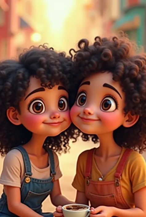 2 woman dark curly hair,brown eyes, chubby,Pixar Disney style image