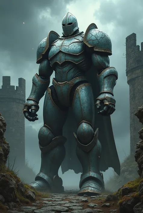 A 3-meter-tall steel golem looks like a knight, all battered and cracked, against the backdrop of a ruined castle and a thunderstorm.