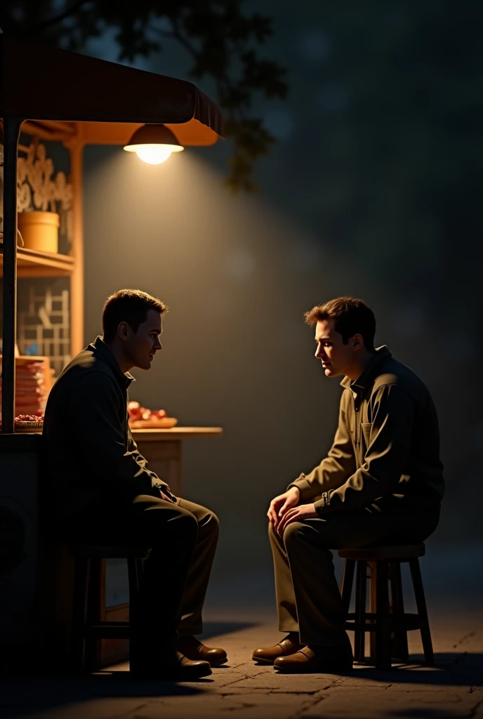 3d modeling of a man sitting chatting with his friend under the spotlight of a roadside stall, he looked panicked and shaking but remained calm.