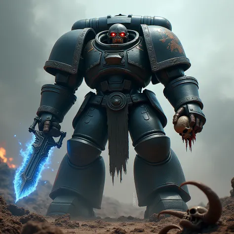 A giant Primarch Space Marine with a crude human face, clad in a huge black exoskeleton armor., on the shoulder pads of the armor there is an image of a Raven, steps on an orc&#39;s skull, The warrior&#39;s eyes blaze with crimson fire., the warrior scream...