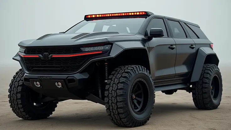 "Design an ultra-detailed, hyper-realistic off-road vehicle inspired by a dark, menacing helmet from a legendary villain. The cars exterior features a sleek, matte black finish with sharp, angular lines that mimic the intimidating curves of a futuristic he...