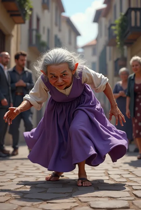 An old woman in a purple dress falls on the road.