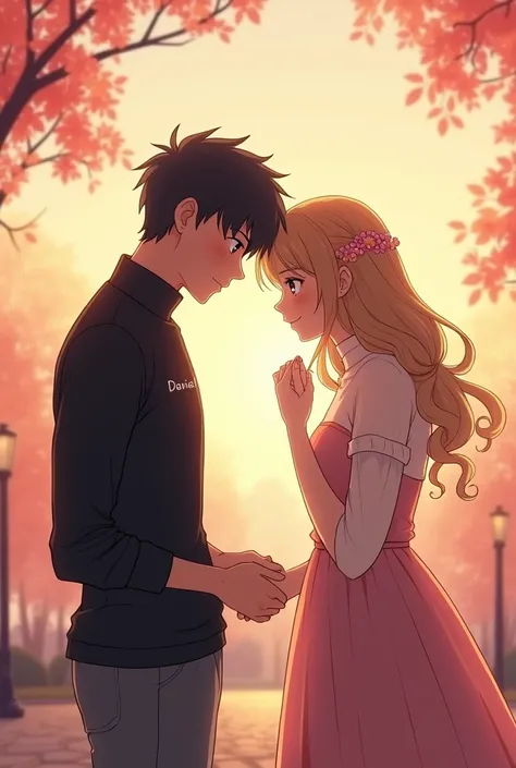 Photo of a couple proposing marriage, the man on his knees wearing a black turtleneck shirt , with the name written on the shirt DANIEL AND RAYSSA ANIME THEME