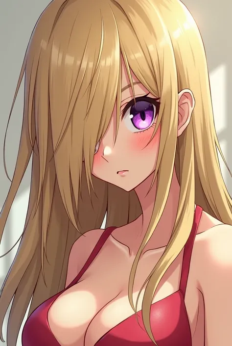 A honey-skinned woman with long blonde hair with bangs covering her right eye. She has a pretty and cute face. Her eyes are like a makimas,  color purple. Her body has big breasts and an hourglass figure.  lines   She has hair that is so long on the right ...