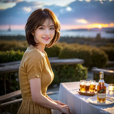 (Realistic, 超Realistic:1.4), 16K HDR, High resolution,((Whiskey Glass)),((Whiskey Bottle)),((Whiskey Glass)),Happy Smile、Short Hair,The best smile、Japanese Actress,so beautiful(It looks like the real thing),Evening Dresses,Cocktail Dresses、Whiskey Bottle、T...