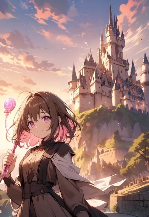 good looking, Alone, 1 female, Medium Hair, Brown Hair, Pink highlights on the tips, Light pink eyes,Magic wand,Smile Face,Castle,morning