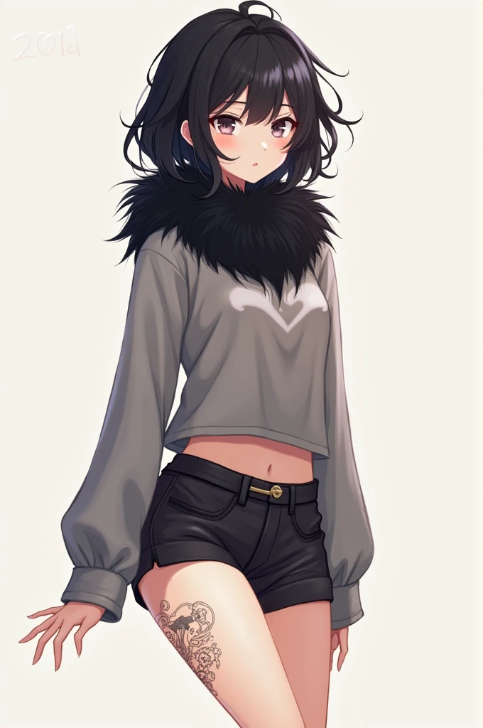 Anime girl with wavy long black hair with black neck fur. With slightly tilted top shirt long sleeve. Has shorts with tattoo on her legs