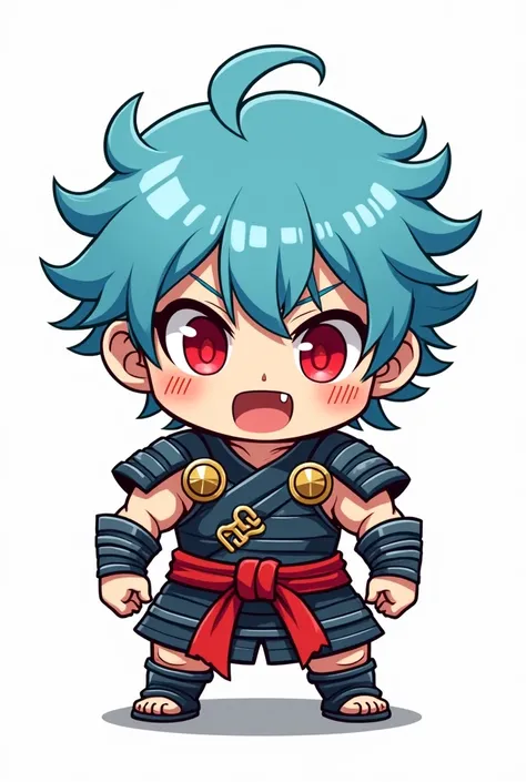 Cute Sticker Chibi boy more features baby blue hair muscular samurai outfit red eyes with open mouth 
