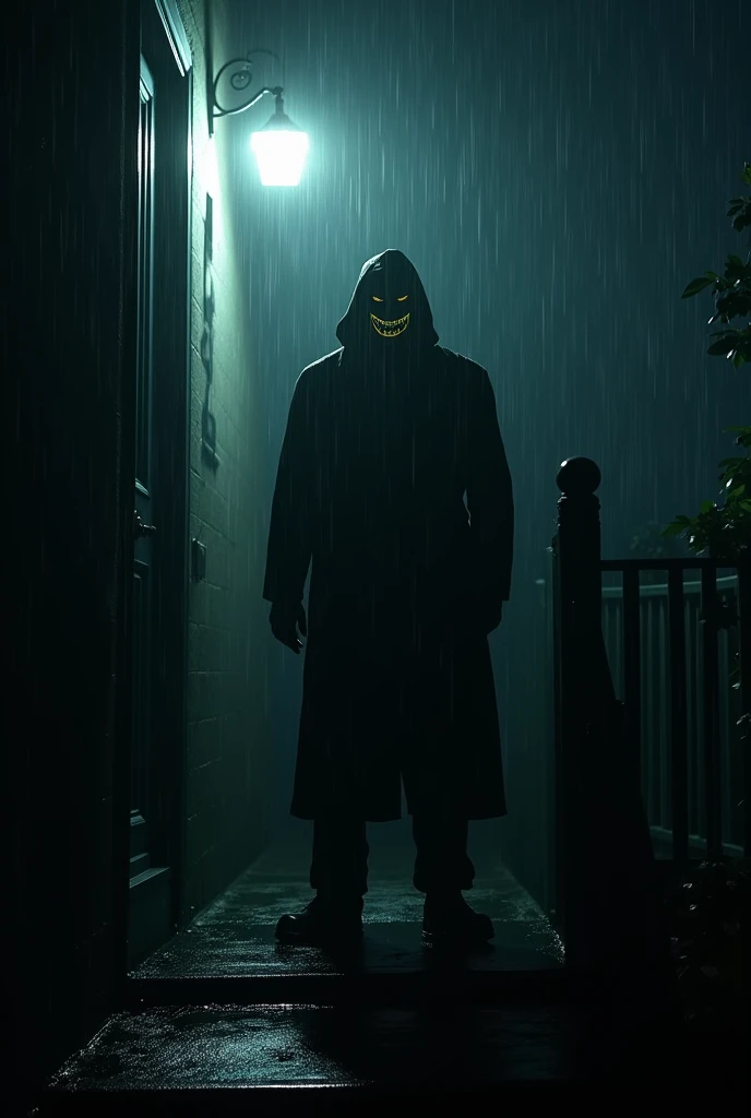 A man on the door in rain at night giving them a evil smile 