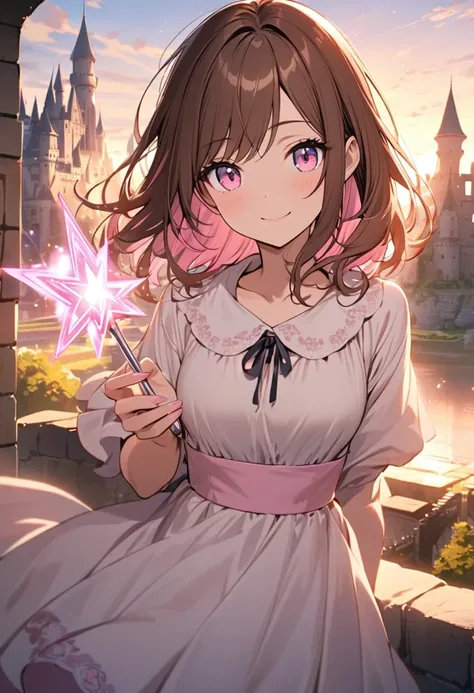 good looking, Alone, 1 female, Medium Hair, Brown Hair, Pink highlights on the tips, Light pink eyes,Magic wand,Smile Face,Castle,morning