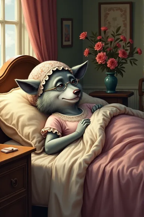 wolf dressed like a granny in bed