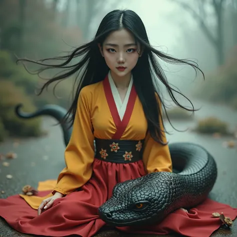 black scales(best quality,4k,8k,highres,masterpiece:1.2),ultra-detailed, Korean Goddess Eopsin, Kim Go-eun, wearing red Hanbok, yellow top, body of a woman, snakes tail in place of legs, black lamia scales, looking at viewer, drawn in the style of Yoshitak...