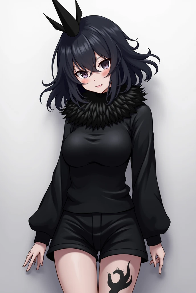 Anime girl with wavy long black hair with black neck fur. Has spiky headdress. With black slightly tilted top shirt long sleeve. Has shorts with tattoo on her legs