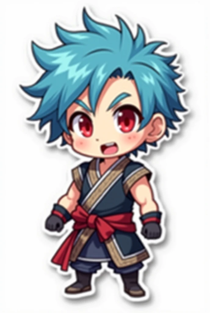 Cute Sticker Chibi boy more features baby blue hair muscular samurai outfit red eyes with open mouth anime style
