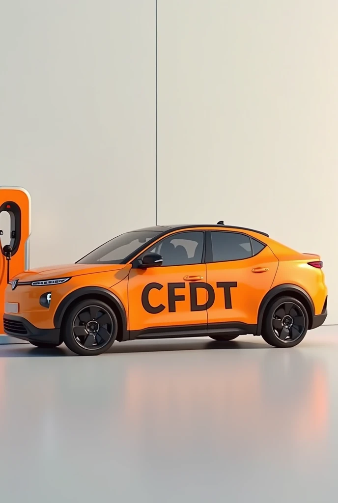 An entire car in orange written in the center of the CFDT doors with a charging station 