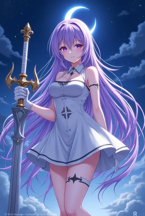 Purple and white long hair anime girl，White Gloves，short skirt dress，Night sky，holy sword