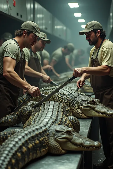 SCENE OF WORKERS PROCESSING CROCODILE 