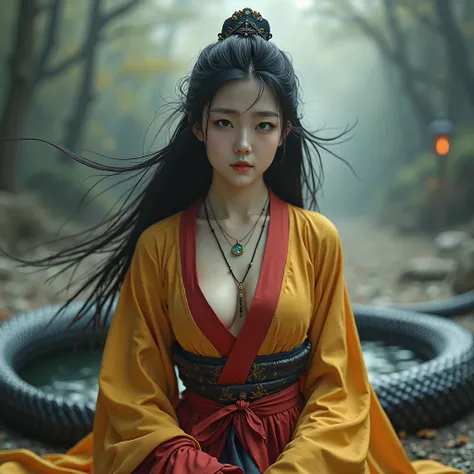 black scales(best quality,4k,8k,highres,masterpiece:1.2),ultra-detailed, Korean Goddess Eopsin, Kim Go-eun, wearing red Hanbok, yellow top, body of a woman, snakes tail in place of legs, black lamia scales, looking at viewer, drawn in the style of Yoshitak...