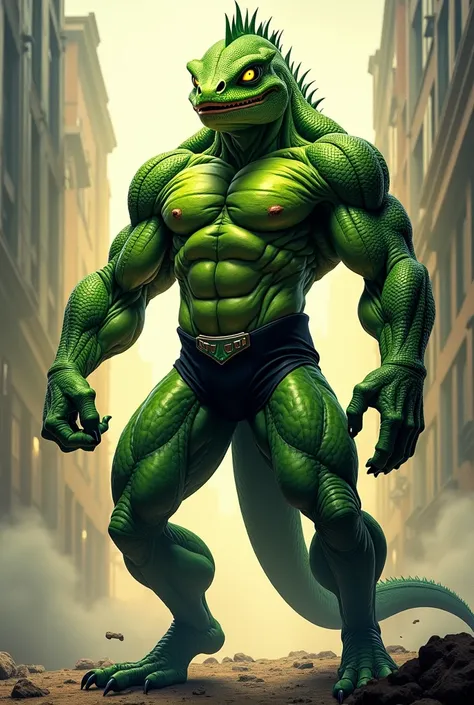 Lizard as human cartoon image, marvel, superhero, standing straight forward