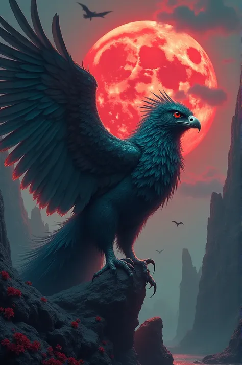 Make hybrid of eagle and peacock, hyper realistic. Background is very scary n dangerous ,red moon 