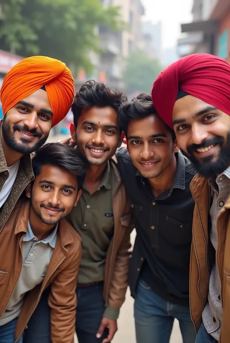 Five friends took a photo together, there are two Sardar  boys and three are haircut 